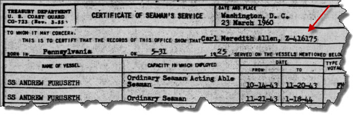 Carl Allen's Certificate of Seaman's Service