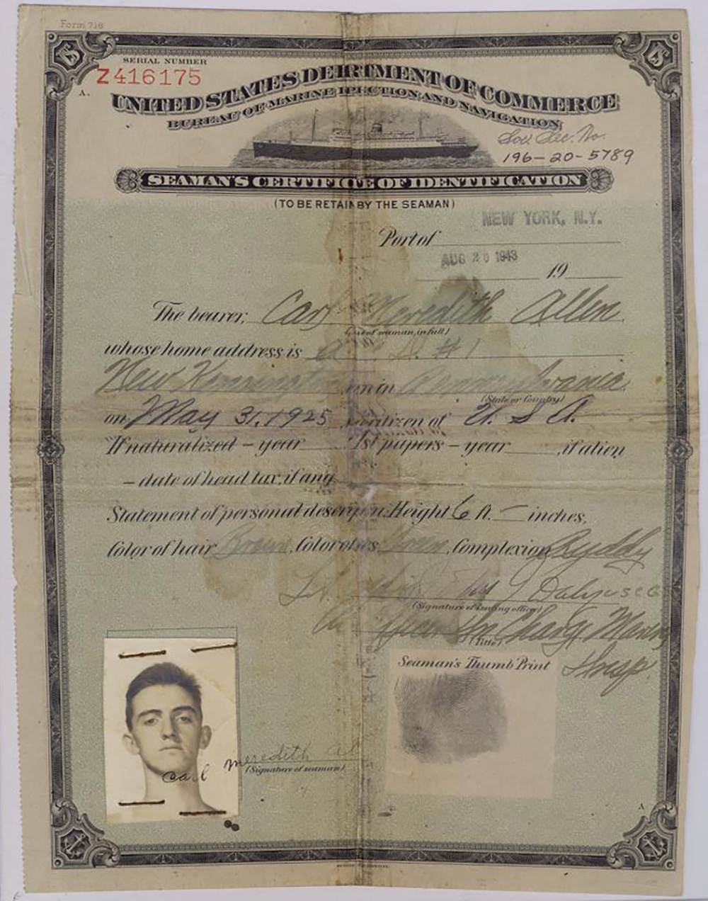 Carl Allen's Seaman's Certificate of Identification