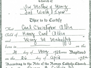 (RG) April-26, 1952 Certificate of Second Baptism for Carl Allen