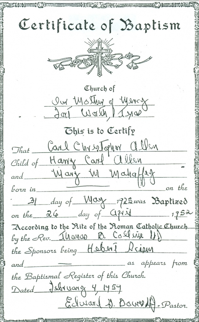 (RG) April-26, 1952 Certificate of Second Baptism for Carl Allen