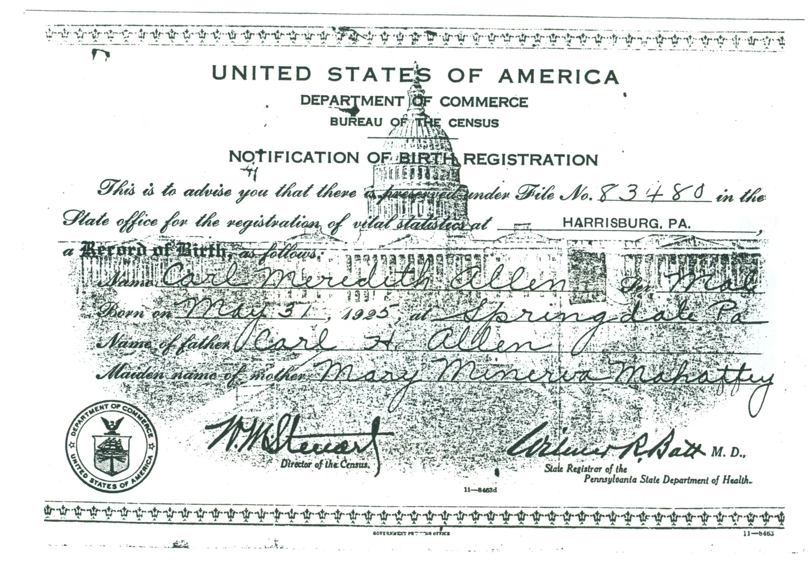 (RG) May-31, 1925 Notice of Birth Registration for Carl Meredith Allen aka Carlos Miguel Allende