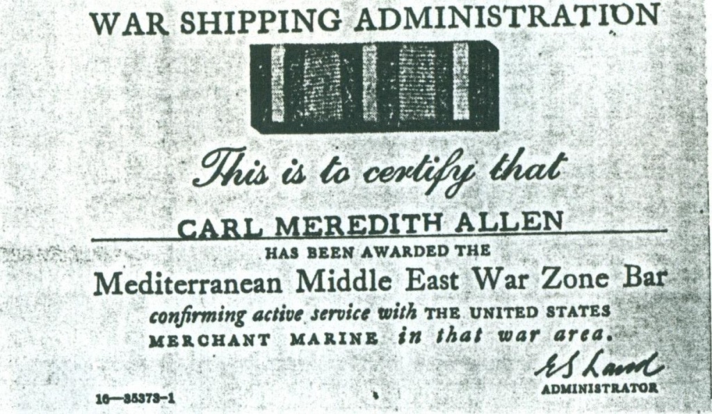 (RG) Mediterranean Middle East War Zone Bar Awarded To Carl Meredith Allen