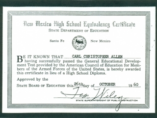 (RG) October-26,1960, GED Certificate for Carl Christopher Allen