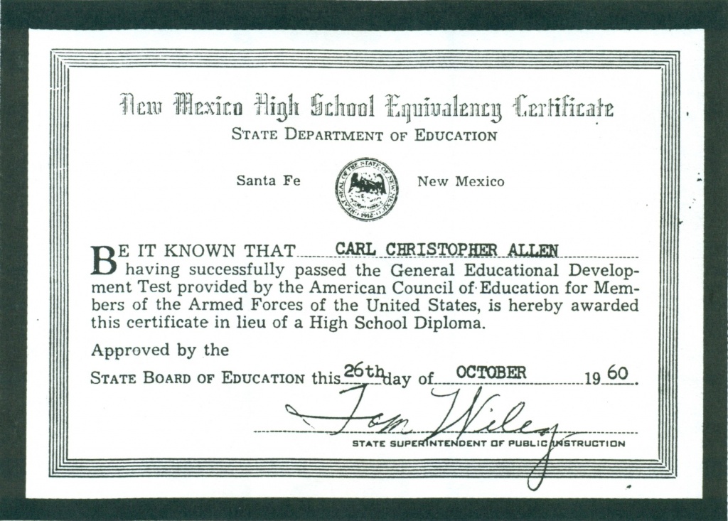 (RG) October-26,1960, GED Certificate for Carl Christopher Allen