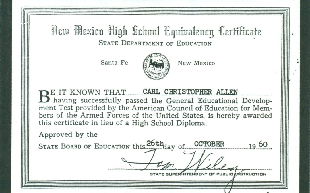 (RG) October-26,1960, GED Certificate for Carl Christopher Allen