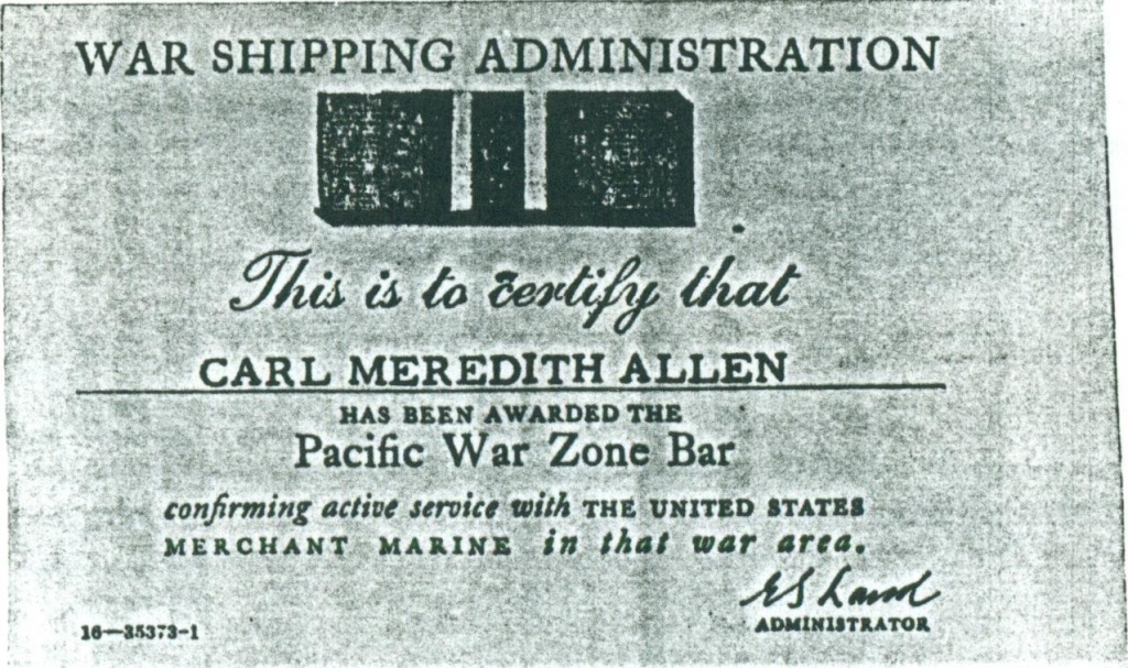 (RG) Pacific War Zone Bar Awarded To Carl Meredith Allen