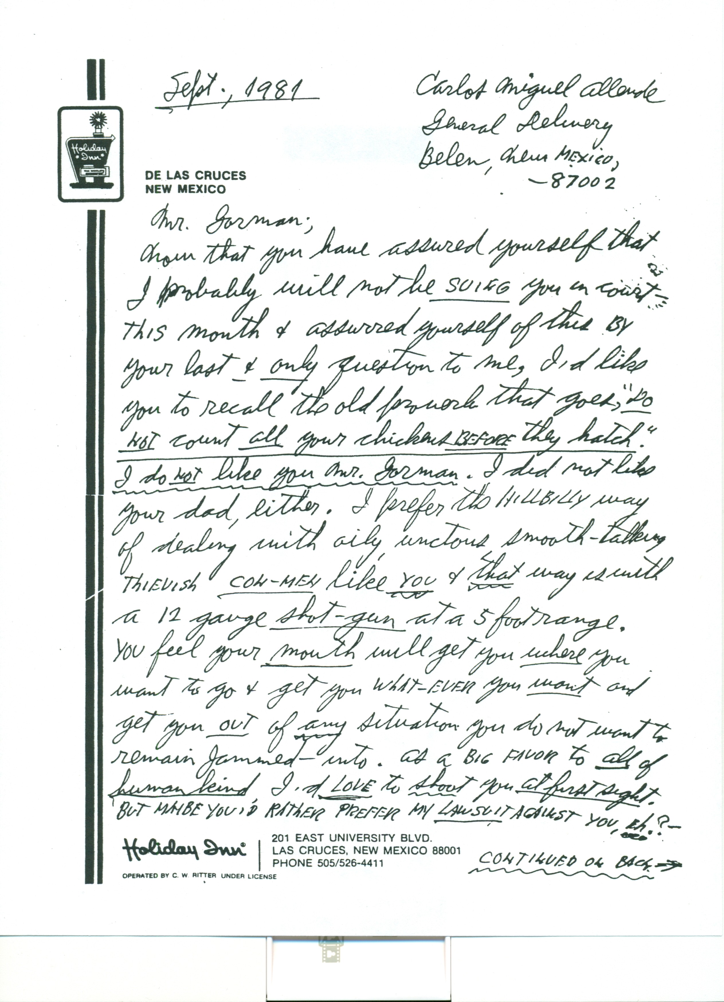 (RG) September-1981, Letter From Carl Allen