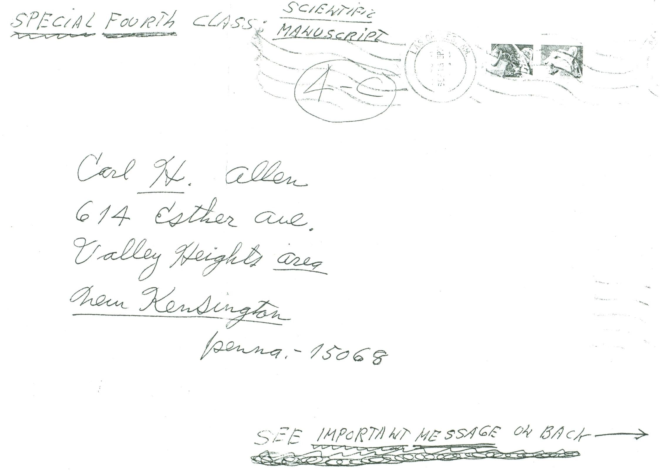 (RG) September-1981, Scientific Manuscript Envelope from Carl Allen to his father