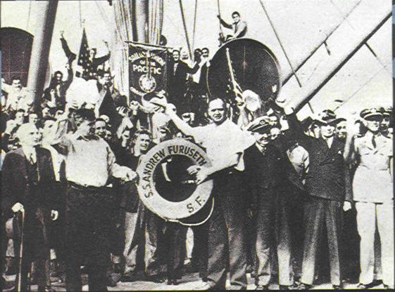 Officers and Crew of the SS Andrew Furuseth togther with visiting officials