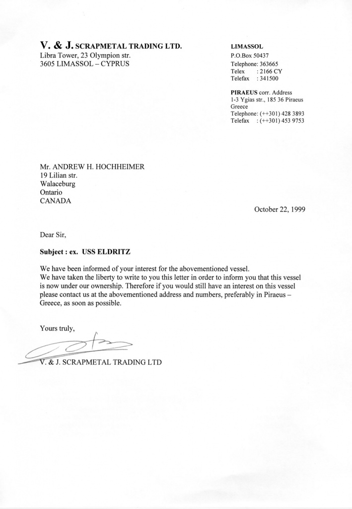 Scrapmetal Trading Ltd, Letter to Andrew, 1999, Oct 22