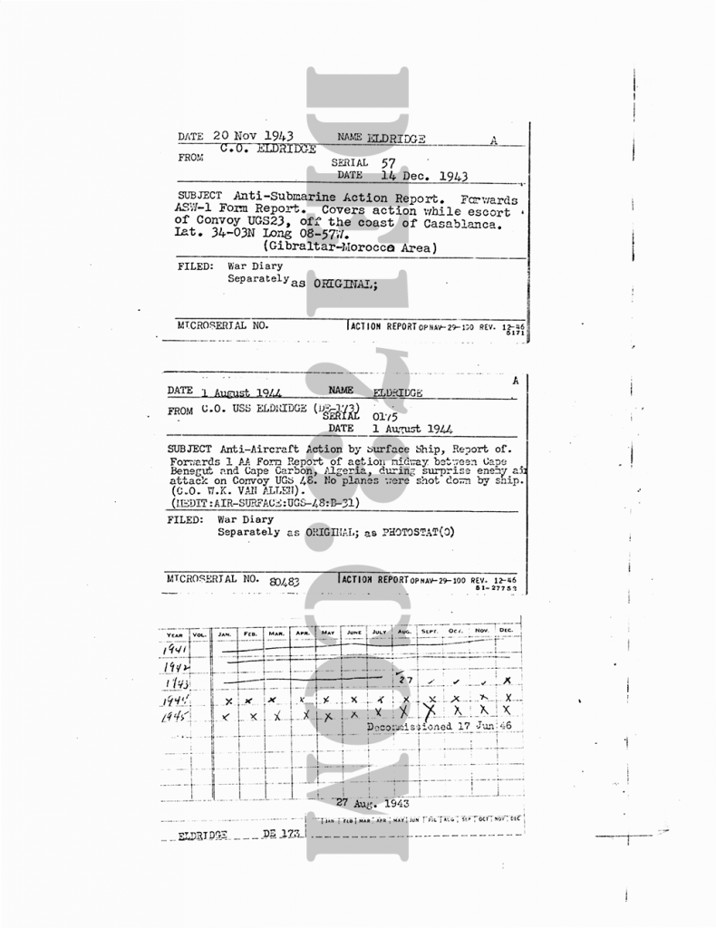 USS Eldridge History Anti-Sub Action Report, November 20th, 1943