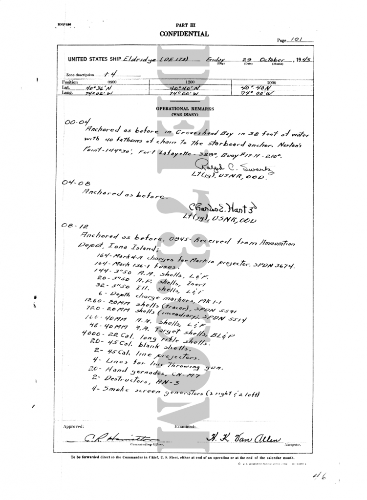 USS Eldridge Microfilm Page 101 / October 29th, 1943
