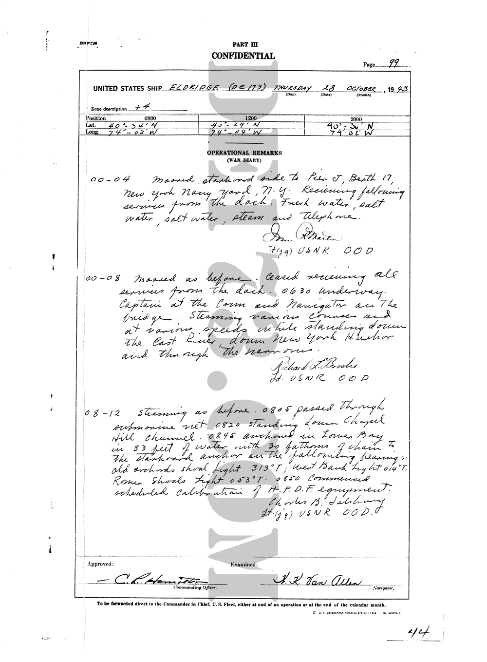 USS Eldridge Microfilm Page 099 / October 28th, 1943 (The Day Of The Experiment / Carl Allen)