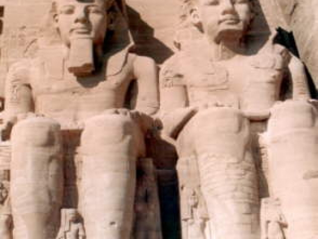 Great Temple of Abu Simbel. Carved out of the mountainside in the 13th century BC, during the 19th Dynasty reign of the Ramesses II, Aswan Governorate, Upper Egypt