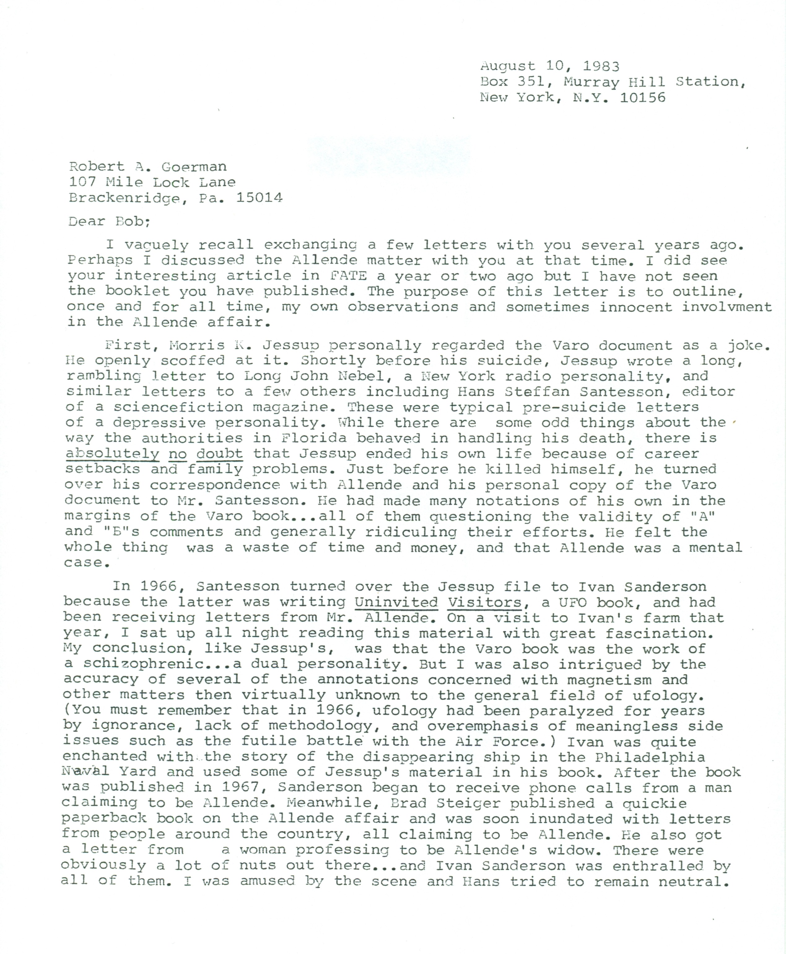 August 10, 1983 ~ Unsolicited Confession From John A. Keel about The Philadelphia Experiment of 1943