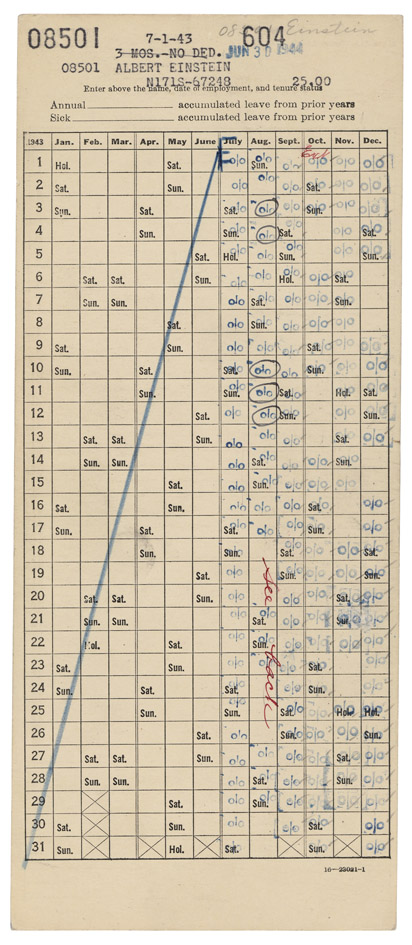 Albert Einstein's Navy Time Card for 1943 (Front)