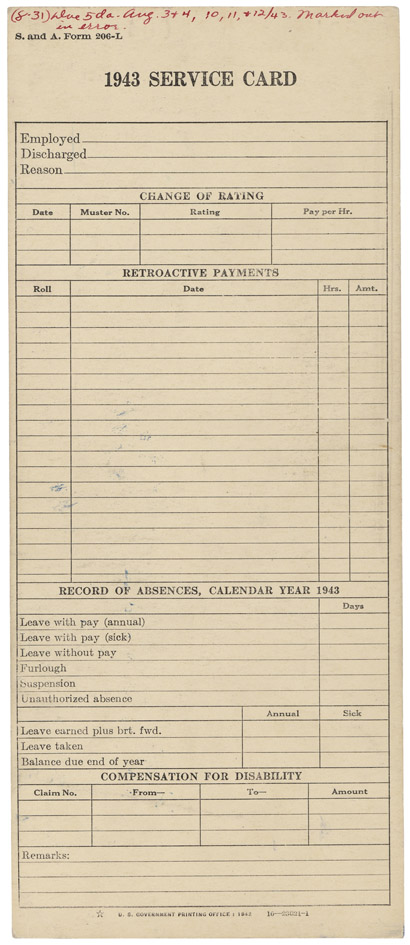 Albert Einstein's Navy Time Card for 1943 (Back)