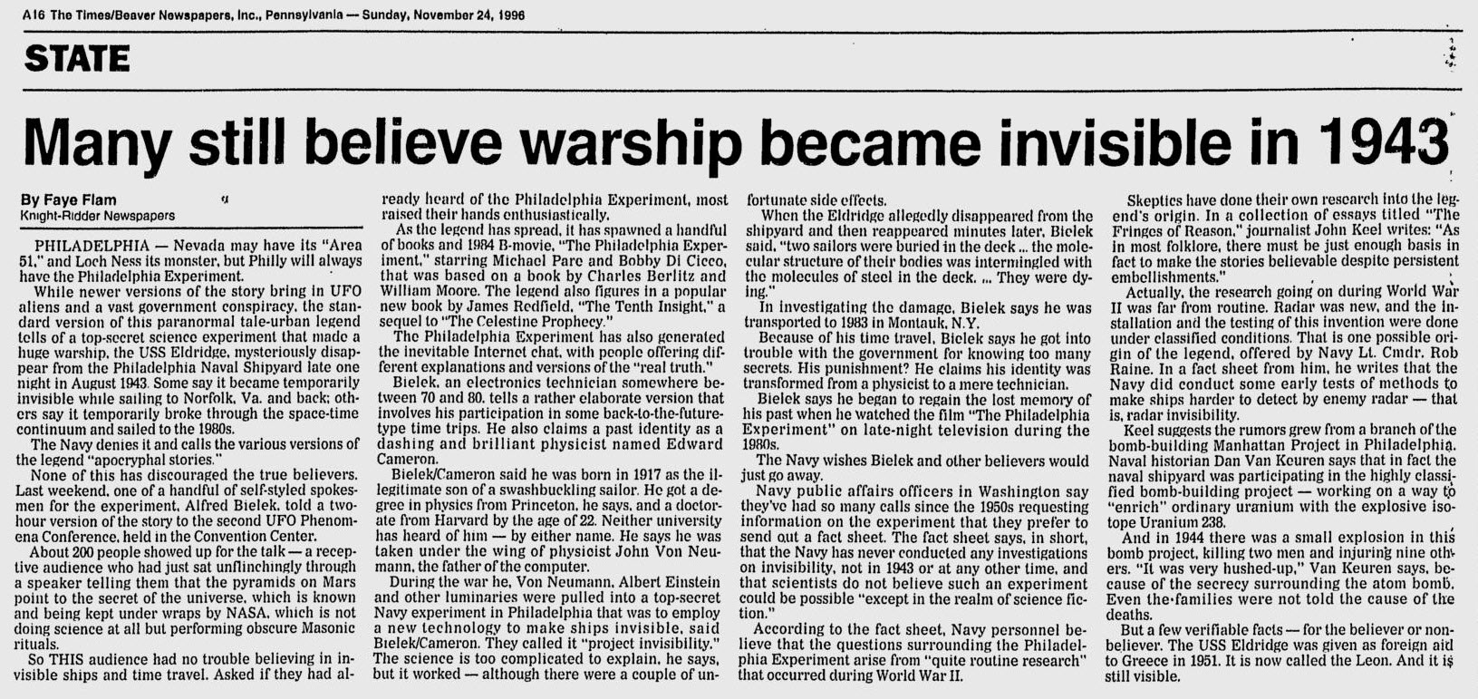 Newspaper Beaver County Times - Nov 24, 1996 - Page A16
