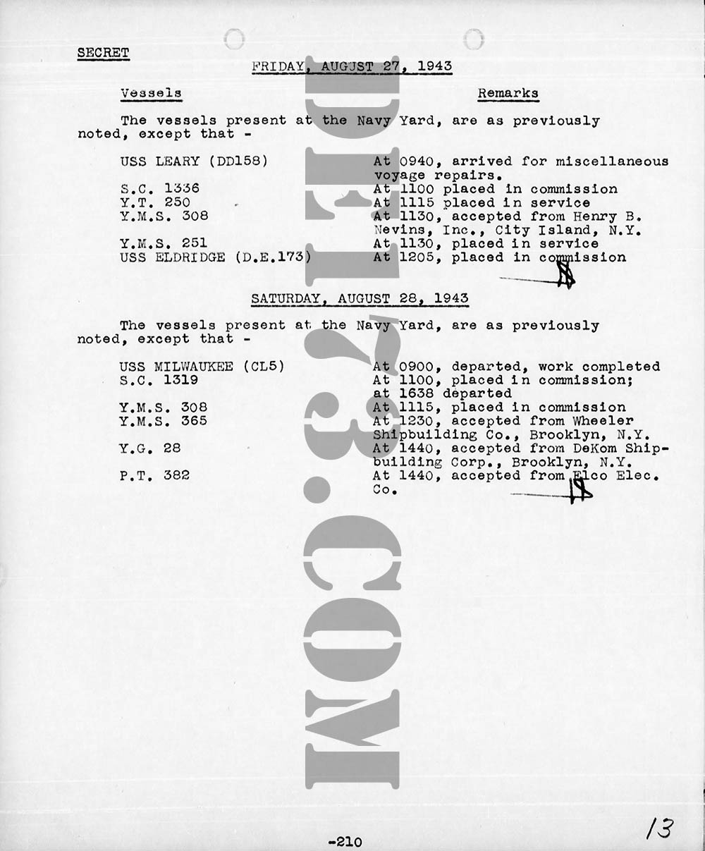 1943 Aug 27th ~ New York Navy Yard Eldridge Placed Into Commission