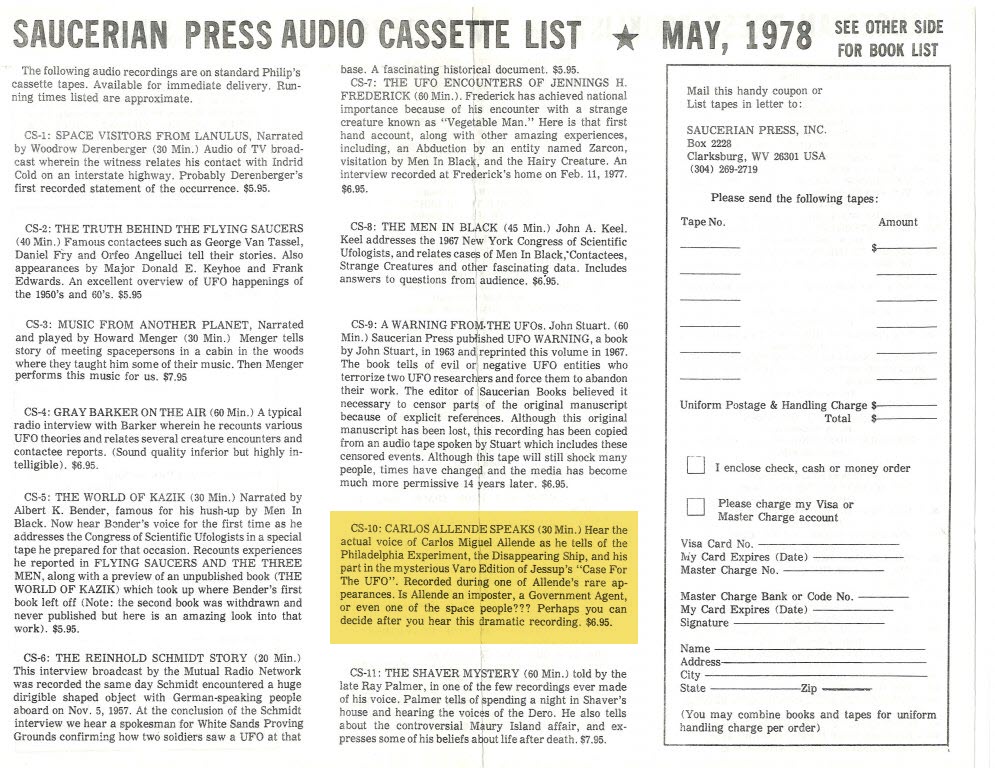 Saucerian Press Audio Cassette List (Front)