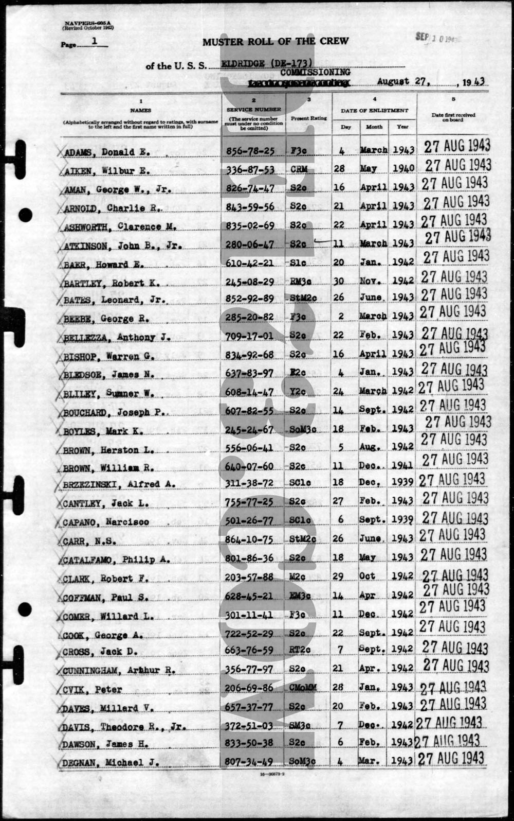 USS Eldridge Page 16 Muster Rolls 1943