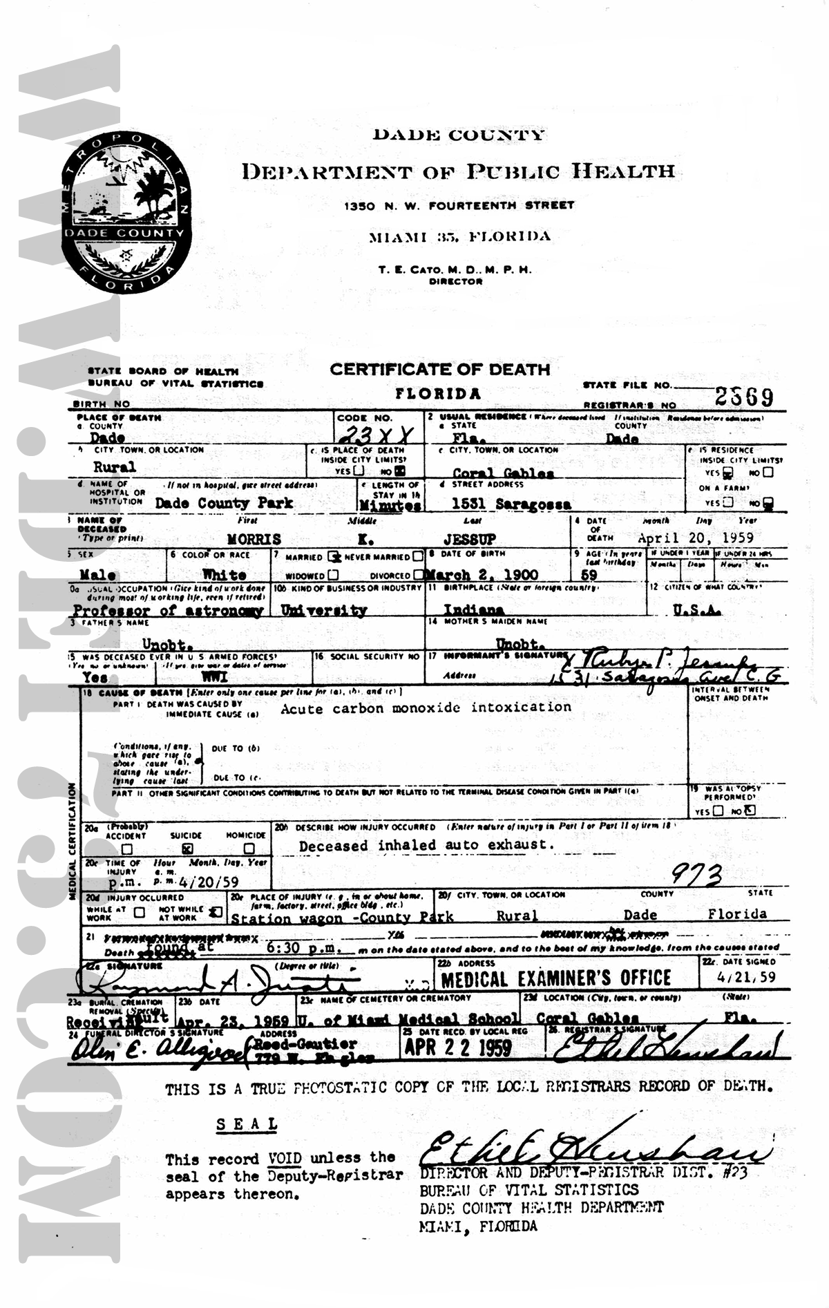 Morris K. Jessup’s Death Certificate