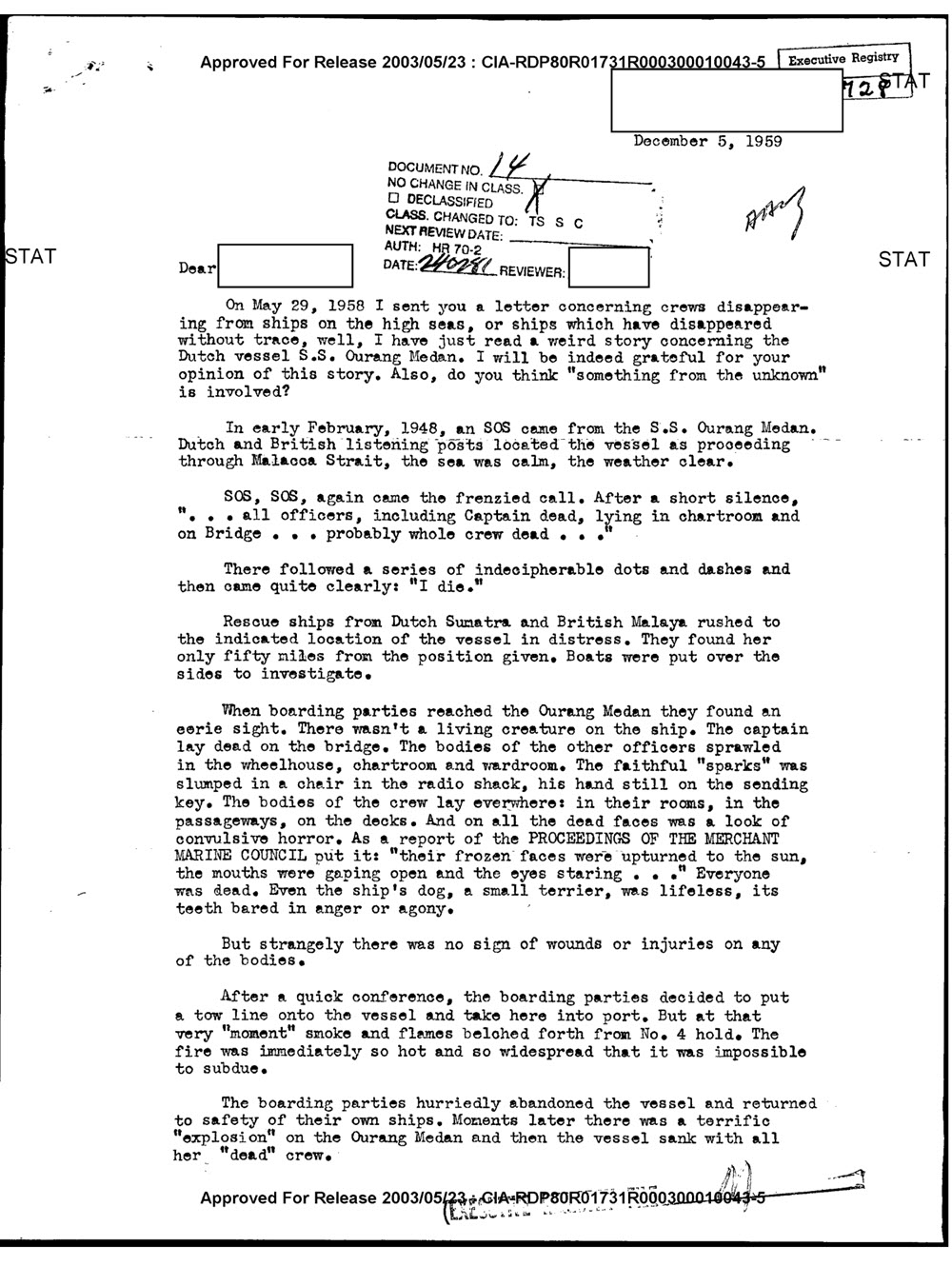 CIA Letter To (Sanitized) From C.H. Marck, Jr.  December 5, 1959, Page 1