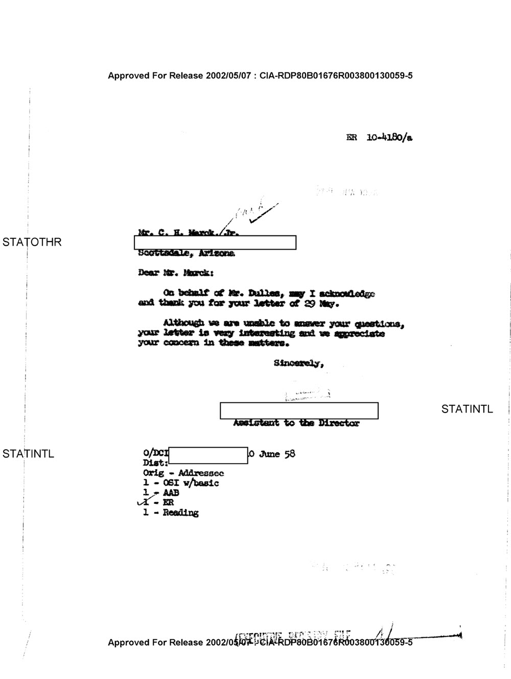 CIA Letter To Mr. C. L. Marck, Jr. From (Sanitized), June 10, 1958