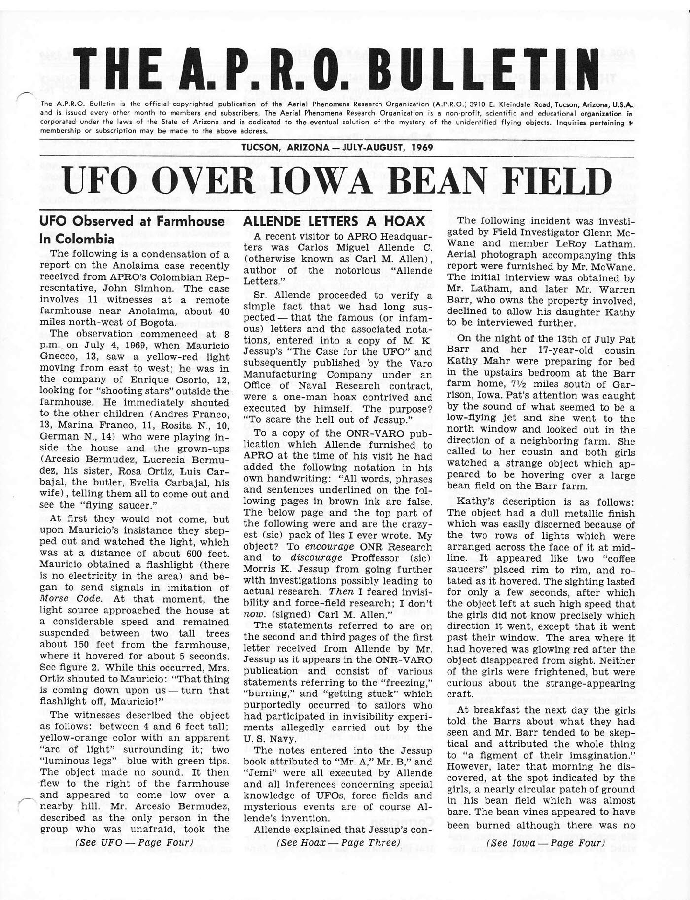 A.P.R.O. Bulletin - July-August, 1969-Page 1