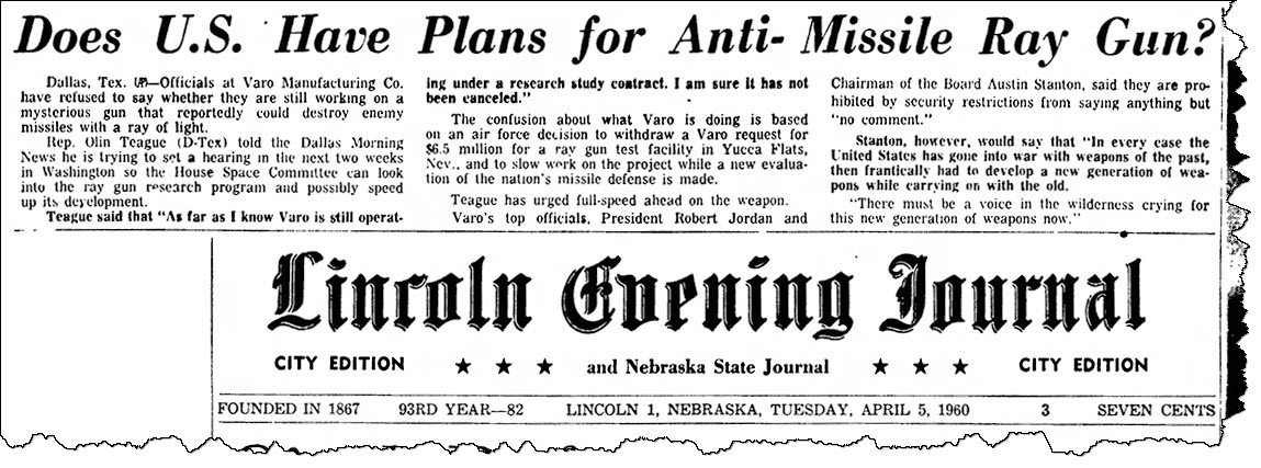 Lincoln Journal Star Tue Apr 5th, 1960 Varo Ray Gun