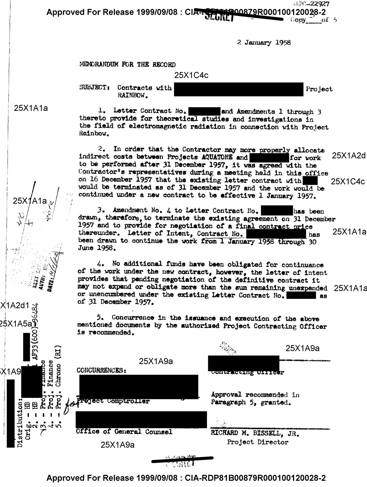 CIA Contract With (Classified), Project Rainbow, Jan 2nd, 1958