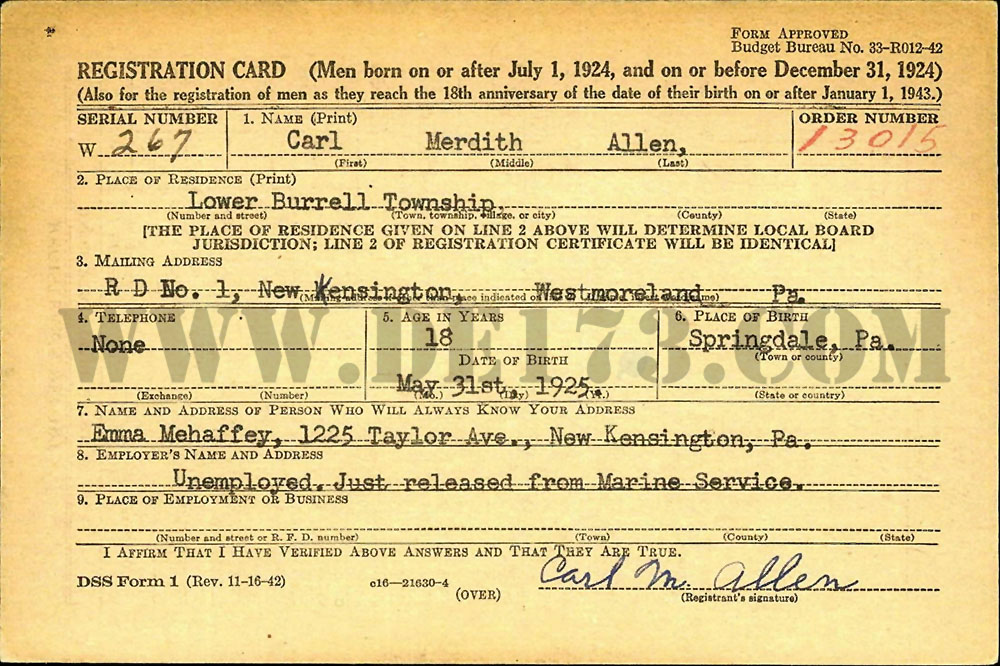 WWII Draft Registration Card – Carl Allen