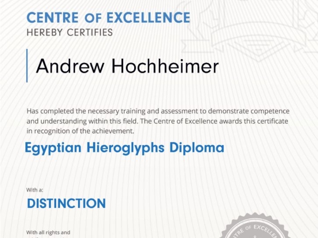Andrew H. Hochheimer Egyptian Hieroglyphs Course Diploma