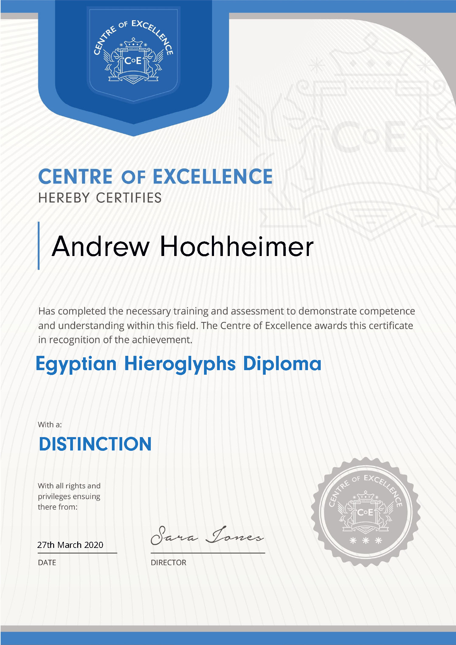 Andrew H. Hochheimer Egyptian Hieroglyphs Course Diploma