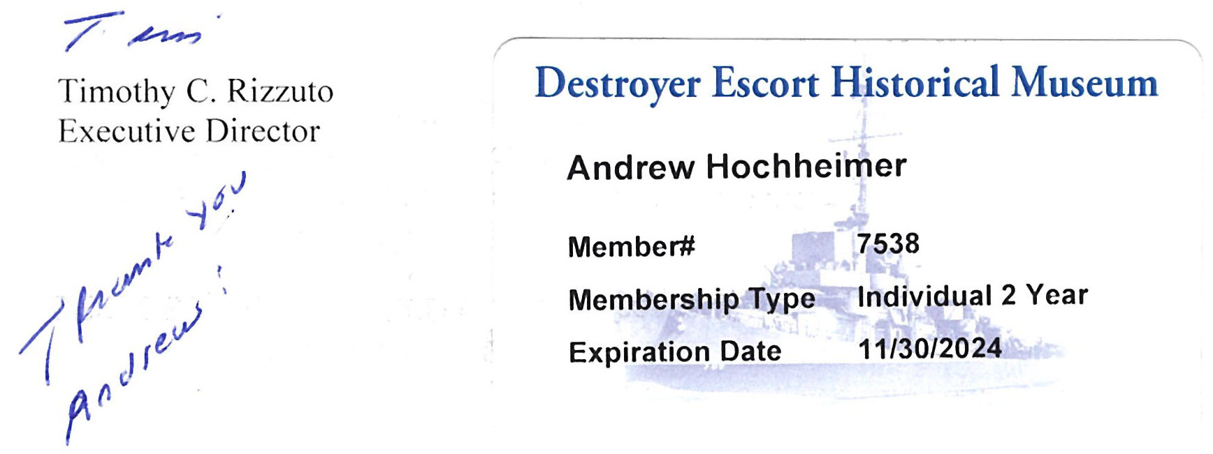 Andrew Hochheimer's USS Slater Membership Card