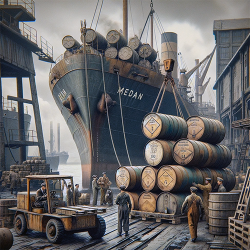 1942 Dock Scene with Chemical Drums Ready To Load